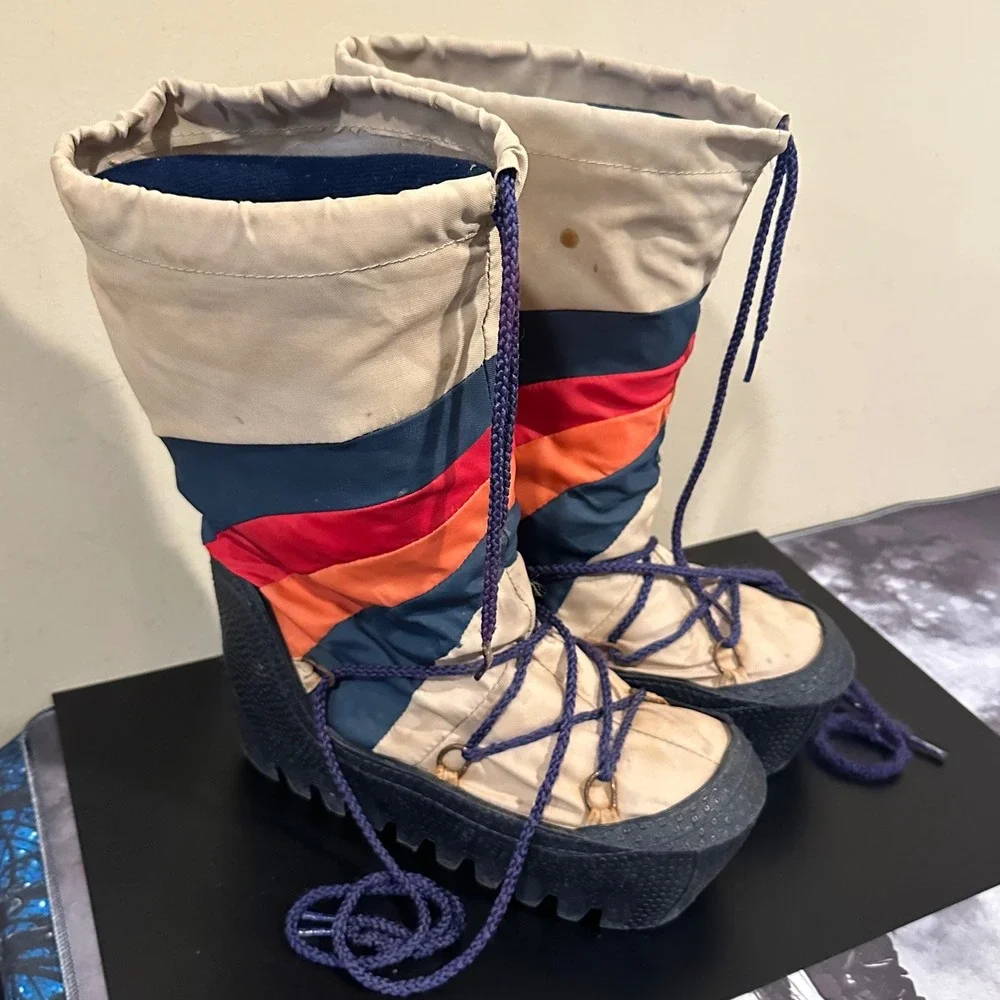 Vintage Moon Boots Retro Chevron Stripe Nylon Platform Snow Boots Women 5-6 XS